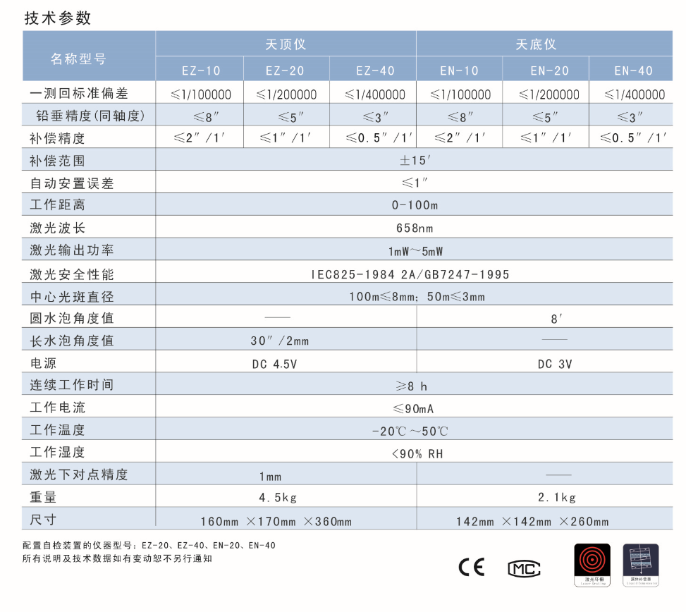 EZ-10、EZ-20、EZ-40激光自動安平天頂儀/上垂準儀技術(shù)參數(shù)